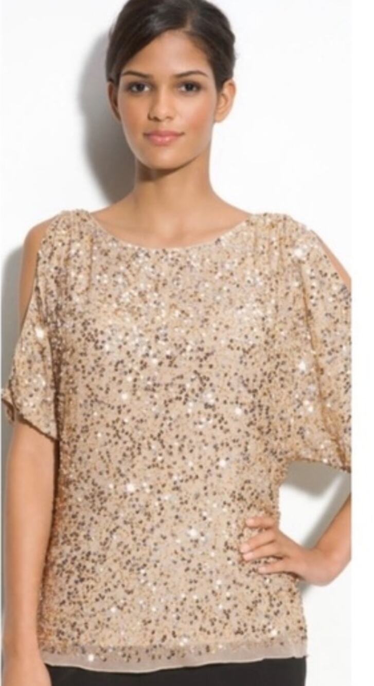 Adrianna Papell Aidan Mattox Cold Shoulder Silk Gold Sequin Tunic Evening 1X